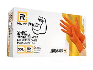 RMove 1Conf. da 50pz Tg.XXL 8.5gr da Lavoro - Guanti Nitrile Arancione Senza Polvere Full Grip