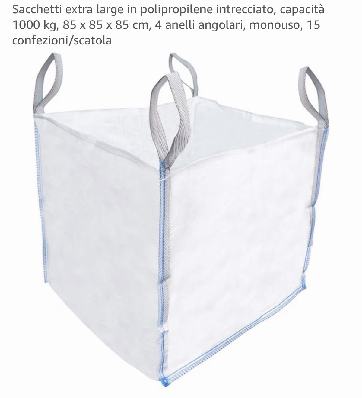 Big Bag bianco in polipropilene intrecciato 85 × 85 × 85 cm con quattro anelli angolari