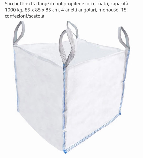Big Bag bianco in polipropilene intrecciato 85 × 85 × 85 cm con quattro anelli angolari